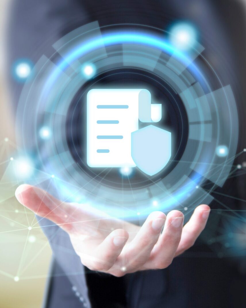 Digital illustration of a hand holding a document with a shield, symbolizing audit compliance.
