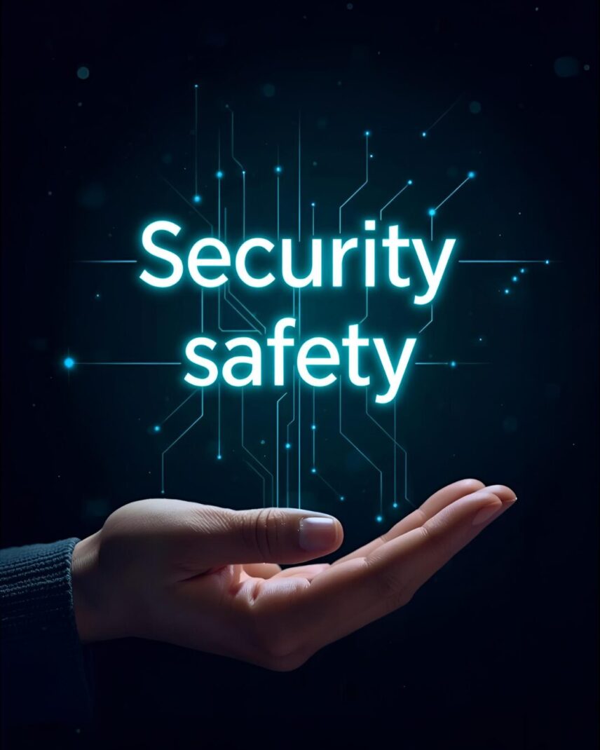 Hands holding the word security and safety in a digital illustration symbolizing SHEQ compliance.